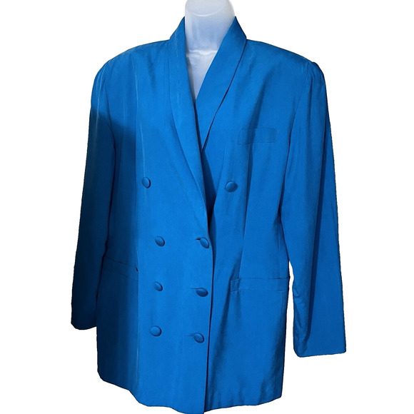 EN Avance Womens Blazer 100% Silk Teal SZ 16 Double Breasted Sophisticated Lux - Picture 2 of 11